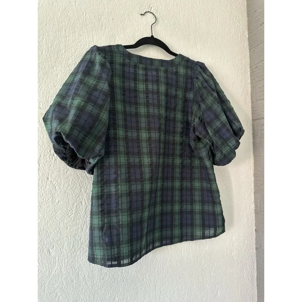 Loft Plaid Textured Tartan Green Blue Puff Short Sleeve Blouse V-Neck Sz Medium